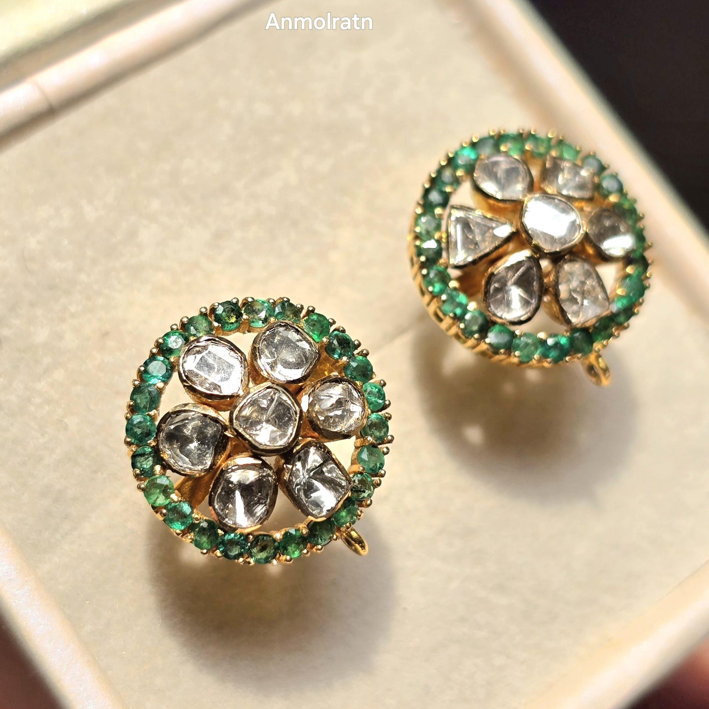 18k Emerald Diamond Earrings, Round Emerald Stud Earrings, Diamond Polki Earrings, Unique Gemstone Earrings Gift For Women, Earrings For Mom
