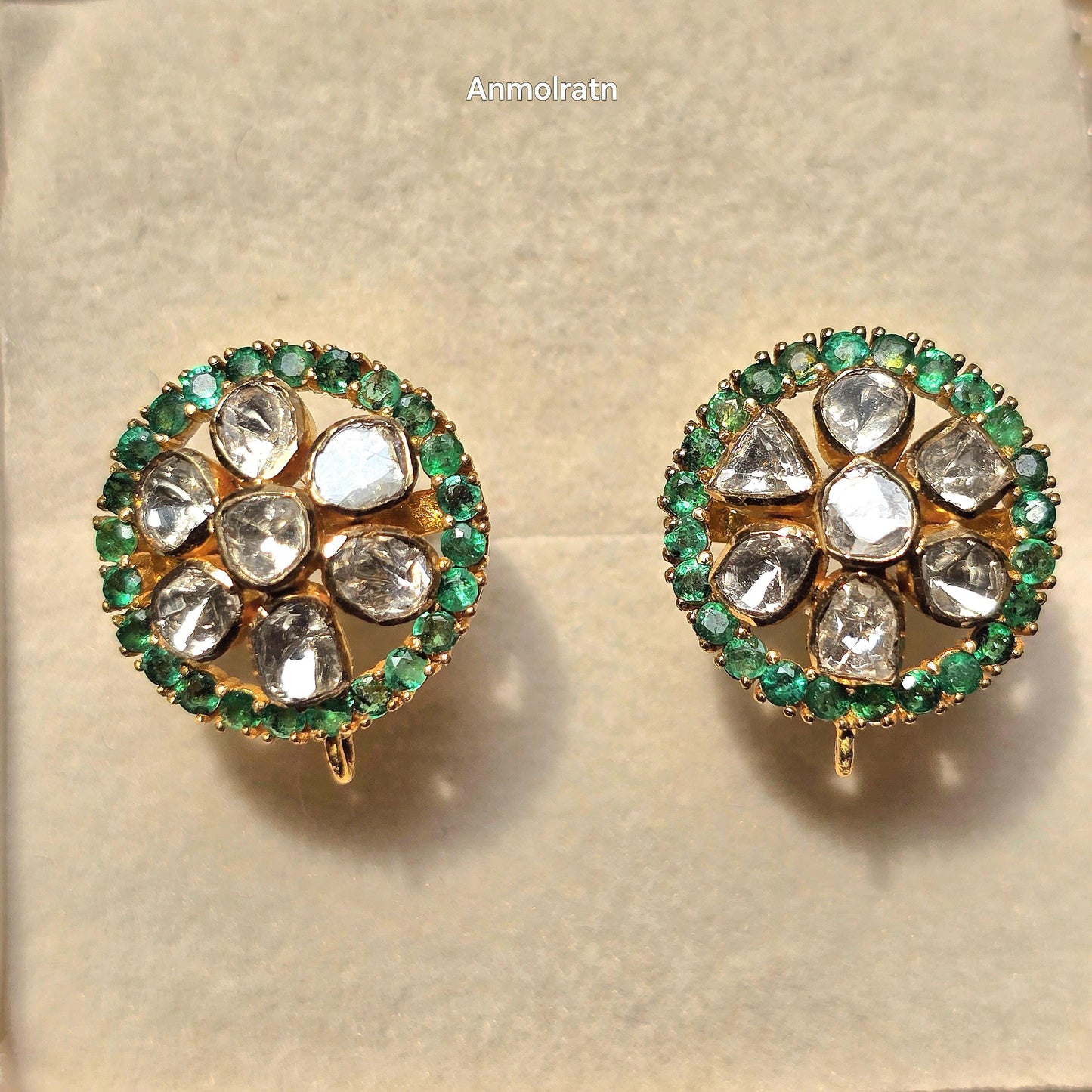 18k Emerald Diamond Earrings, Round Emerald Stud Earrings, Diamond Polki Earrings, Unique Gemstone Earrings Gift For Women, Earrings For Mom
