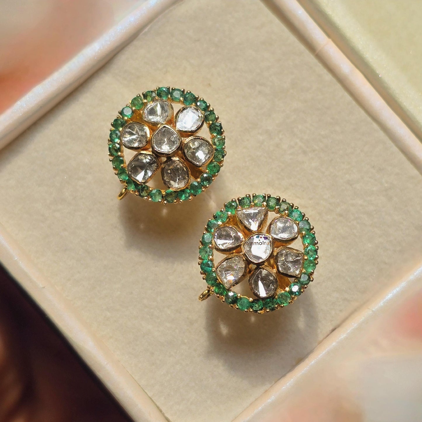 18k Emerald Diamond Earrings, Round Emerald Stud Earrings, Diamond Polki Earrings, Unique Gemstone Earrings Gift For Women, Earrings For Mom