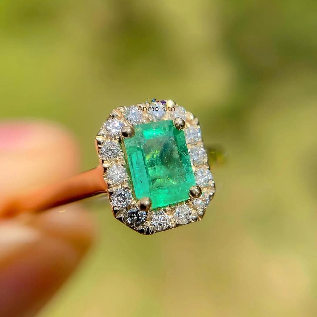 14k Emerald Cut Ring For Women, Bright Green Emerald Octagon Cluster Ring, Untreated Natural Emerald Ring Gift For Her, Dainty Emerald Ring