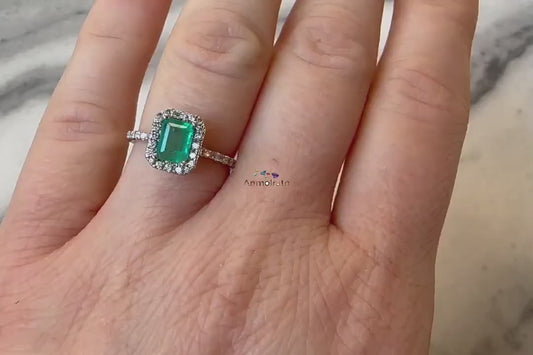 Emerald Cluster Wedding Ring, Octagon Emerald Cut Engagement Ring Gift For Women, 14k Natural Emerald Halo Stacking Ring, Green Emerald Ring