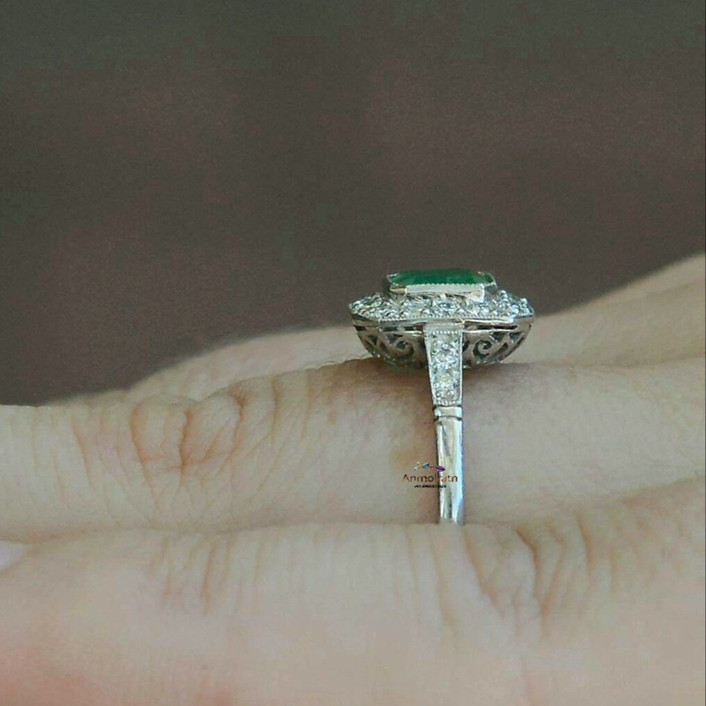 Vintage Emerald Ring For Women, Emerald Cut Wedding Ring, 14k Gold Vivid Emerald Octagon With Diamond Ring Bezel Set Emerald Stacking Ring