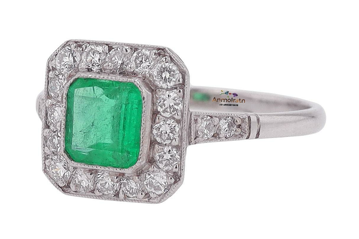 Vintage Emerald Ring For Women, Emerald Cut Wedding Ring, 14k Gold Vivid Emerald Octagon With Diamond Ring Bezel Set Emerald Stacking Ring