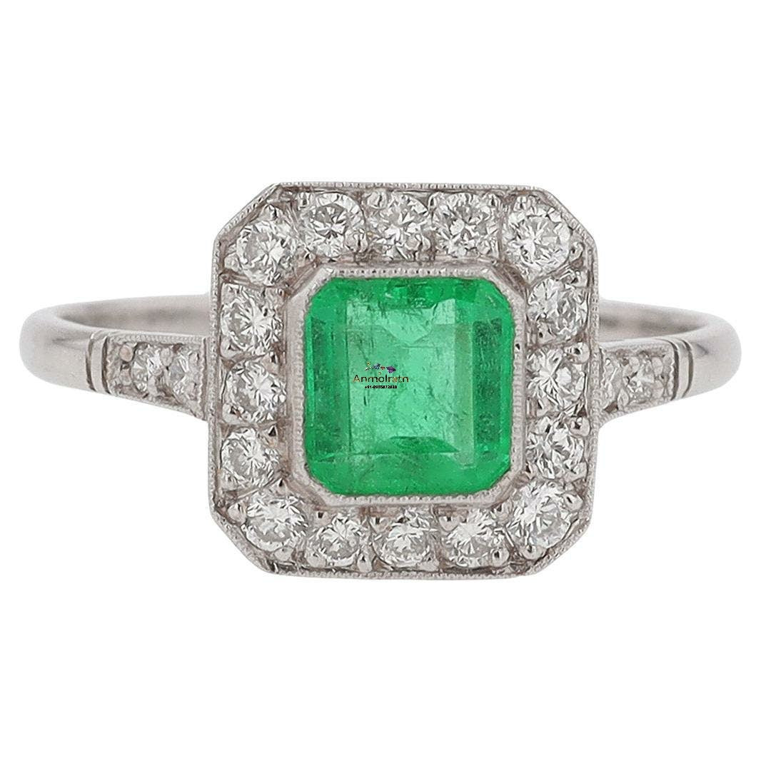 Vintage Emerald Ring For Women, Emerald Cut Wedding Ring, 14k Gold Vivid Emerald Octagon With Diamond Ring Bezel Set Emerald Stacking Ring