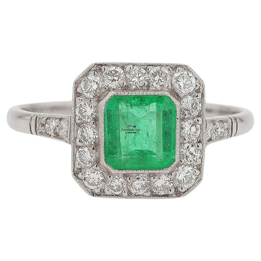 Vintage Emerald Ring For Women, Emerald Cut Wedding Ring, 14k Gold Vivid Emerald Octagon With Diamond Ring Bezel Set Emerald Stacking Ring