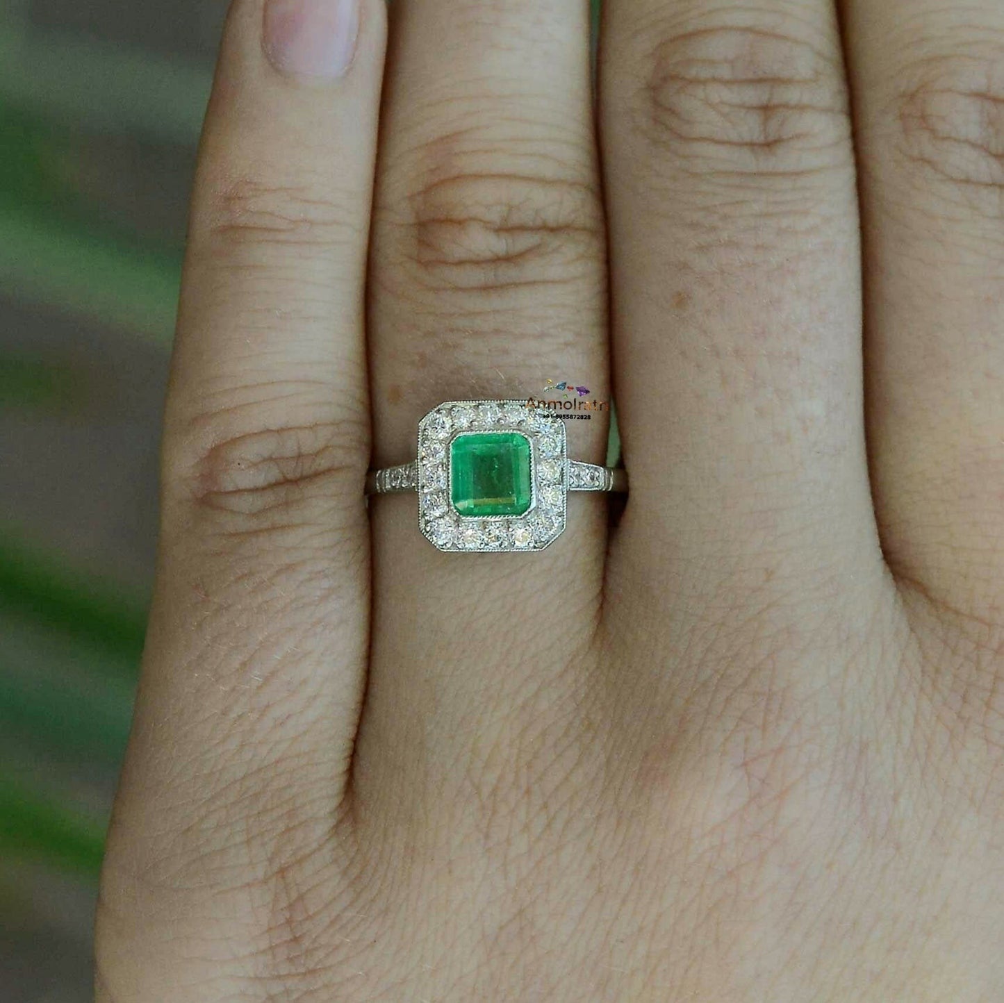 Vintage Emerald Ring For Women, Emerald Cut Wedding Ring, 14k Gold Vivid Emerald Octagon With Diamond Ring Bezel Set Emerald Stacking Ring