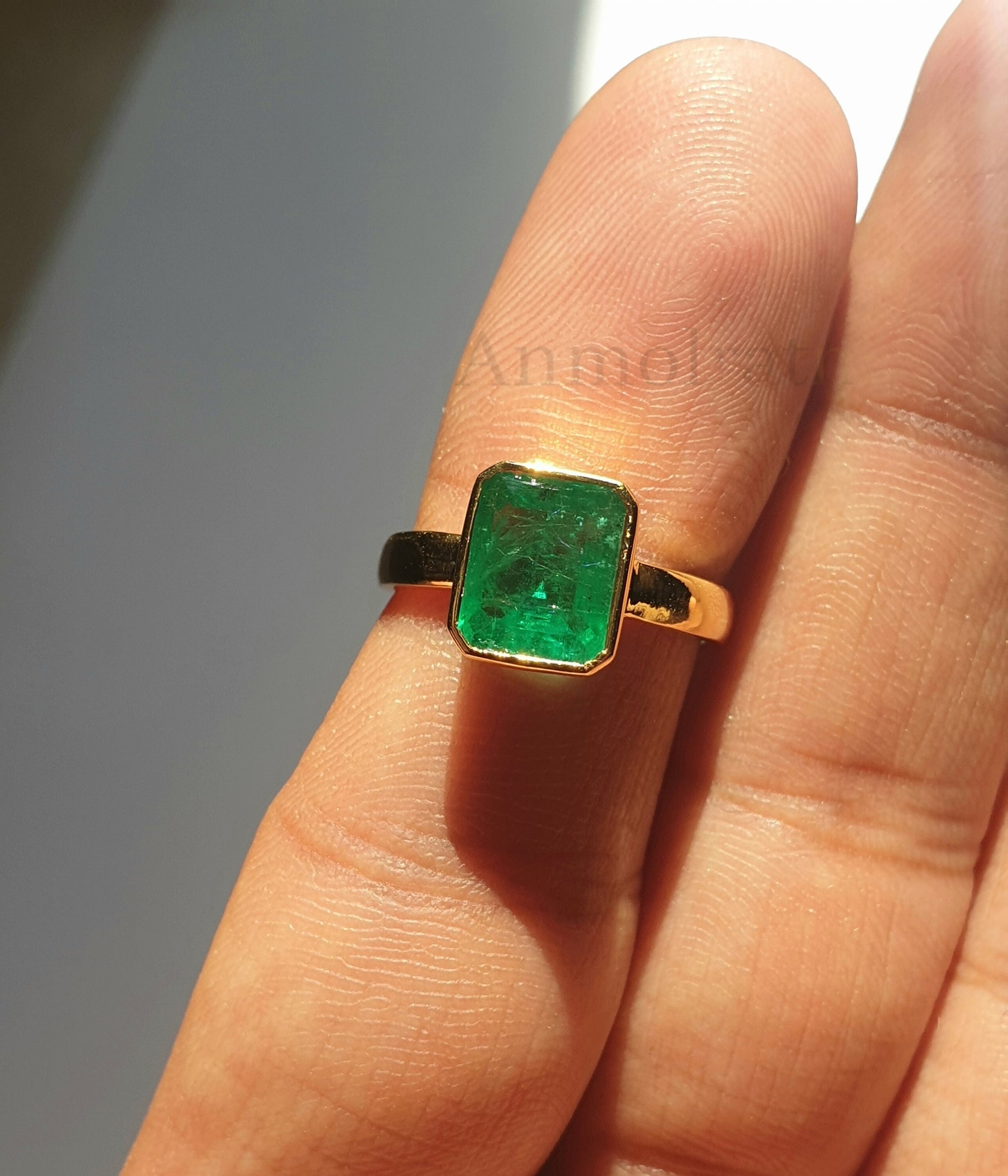 Vintage 3.00 Ct Natural Emerald Ring 14k Gold Emerald Cut Emerald Bezel Set Solitaire Ring, Genuine Emerald Stacking Ring For Men & Women