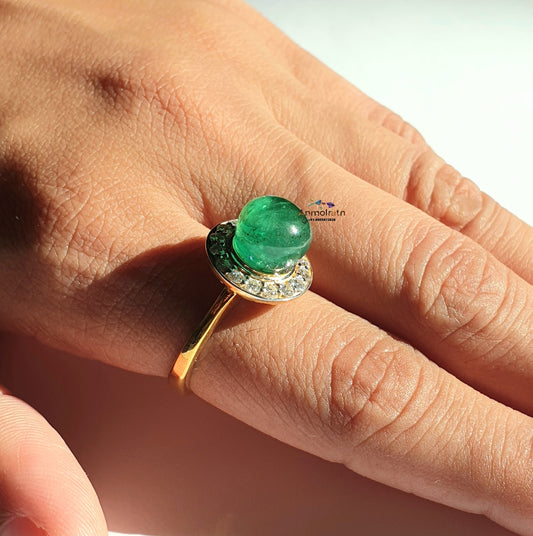 Vintage Emerald Ring For Women, Natural Emerald Cabochon Ring, Antique Emerald Halo Dainty Ring, Rich Green Emerald Gemstone Ring Gift Women