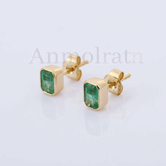 Emerald Stud Earring For Women, Octagon Emerald Studs For Men, 14k Gold Emerald Stud Earring Bezel Set Daily Wear Tiny Green Emerald Earring