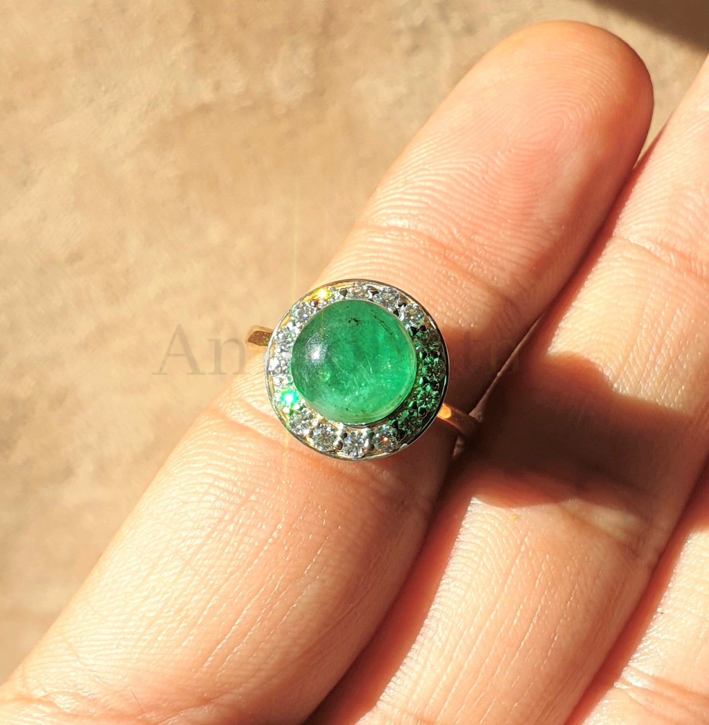 Vintage Emerald Ring For Women, Natural Emerald Cabochon Ring, Antique Emerald Halo Dainty Ring, Rich Green Emerald Gemstone Ring Gift Women