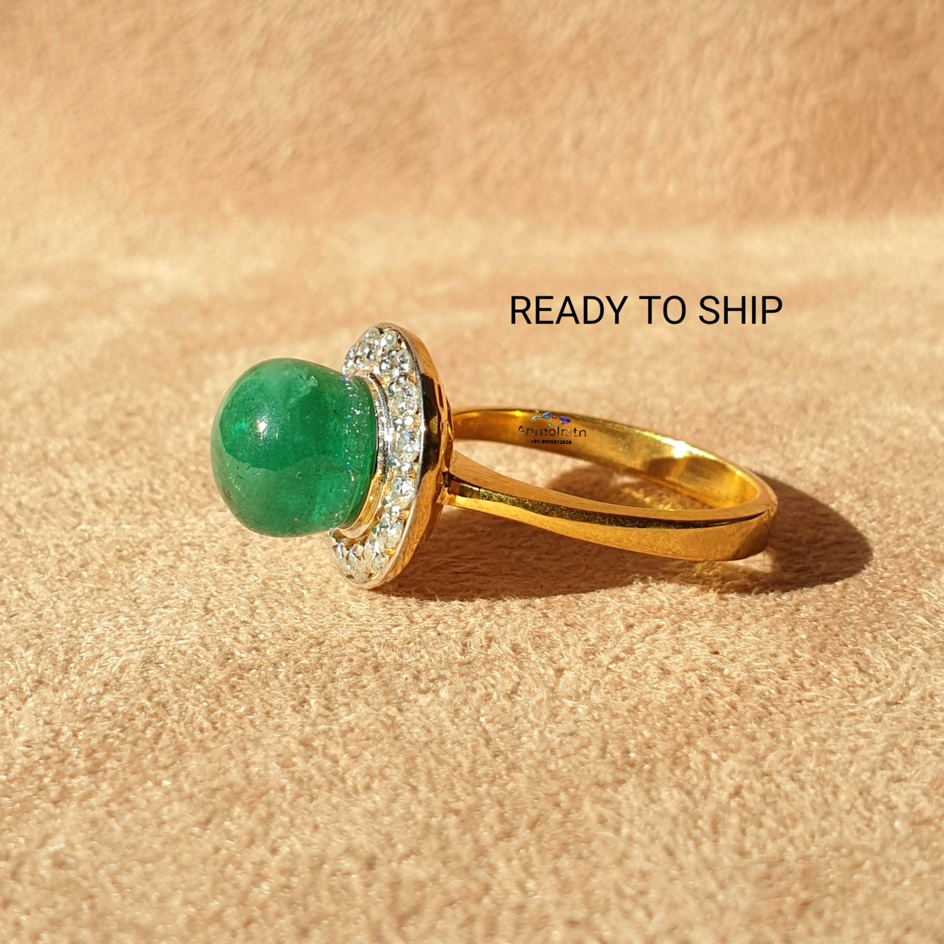 Vintage Emerald Ring For Women, Natural Emerald Cabochon Ring, Antique Emerald Halo Dainty Ring, Rich Green Emerald Gemstone Ring Gift Women