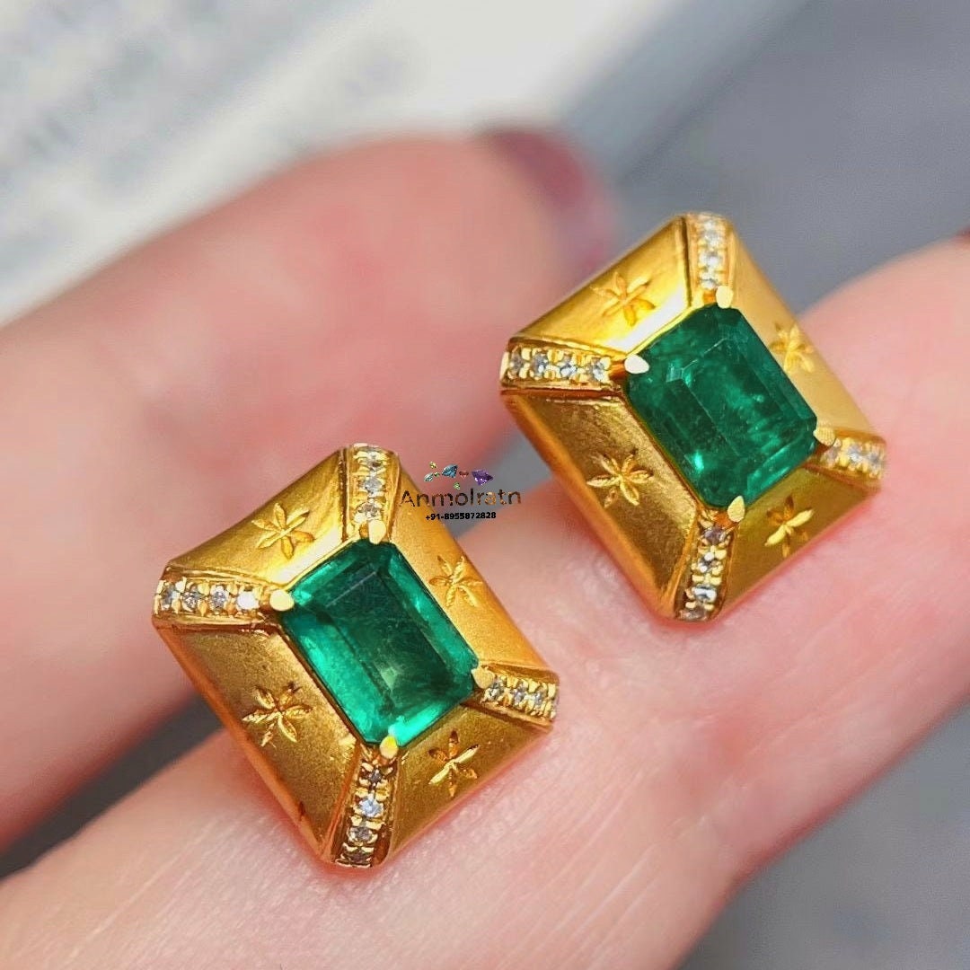 14k Natural Emerald Stud Earrings For Women, Rich Green Emerald Octagon Gold Earrings, Dainty Emerald Diamond Earrings Gift For Her Wedding