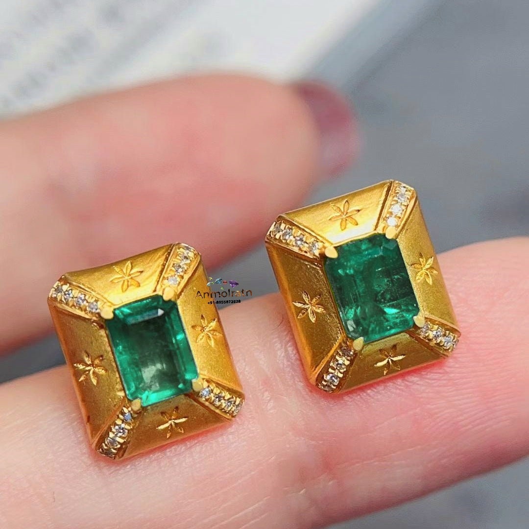 14k Natural Emerald Stud Earrings For Women, Rich Green Emerald Octagon Gold Earrings, Dainty Emerald Diamond Earrings Gift For Her Wedding