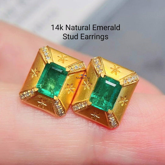 14k Natural Emerald Stud Earrings For Women, Rich Green Emerald Octagon Gold Earrings, Dainty Emerald Diamond Earrings Gift For Her Wedding