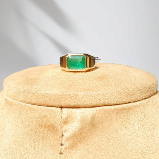 Natural Emerald Gypsy Ring, Emerald Solitaire Ring For Men, Bezel Set Emerald Octagon Ring For Women, 3Ct Green Emerald Stacking Gold Ring