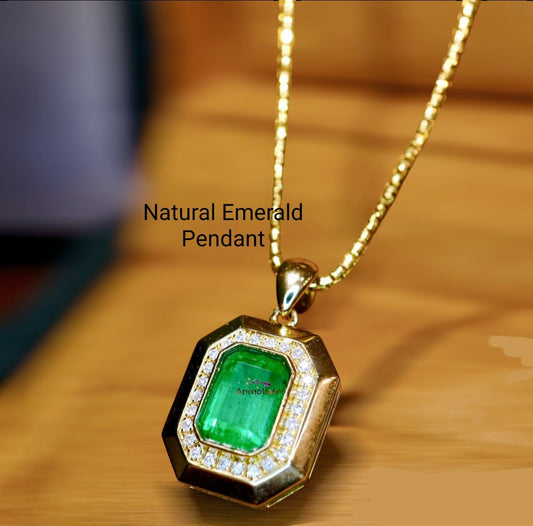 Natural Emerald Solitaire Pendant with Diamond For Women, Vivid Green Emerald Cut Bezel Set Gold Pendant, Dainty Emerald Birthstone Pendant
