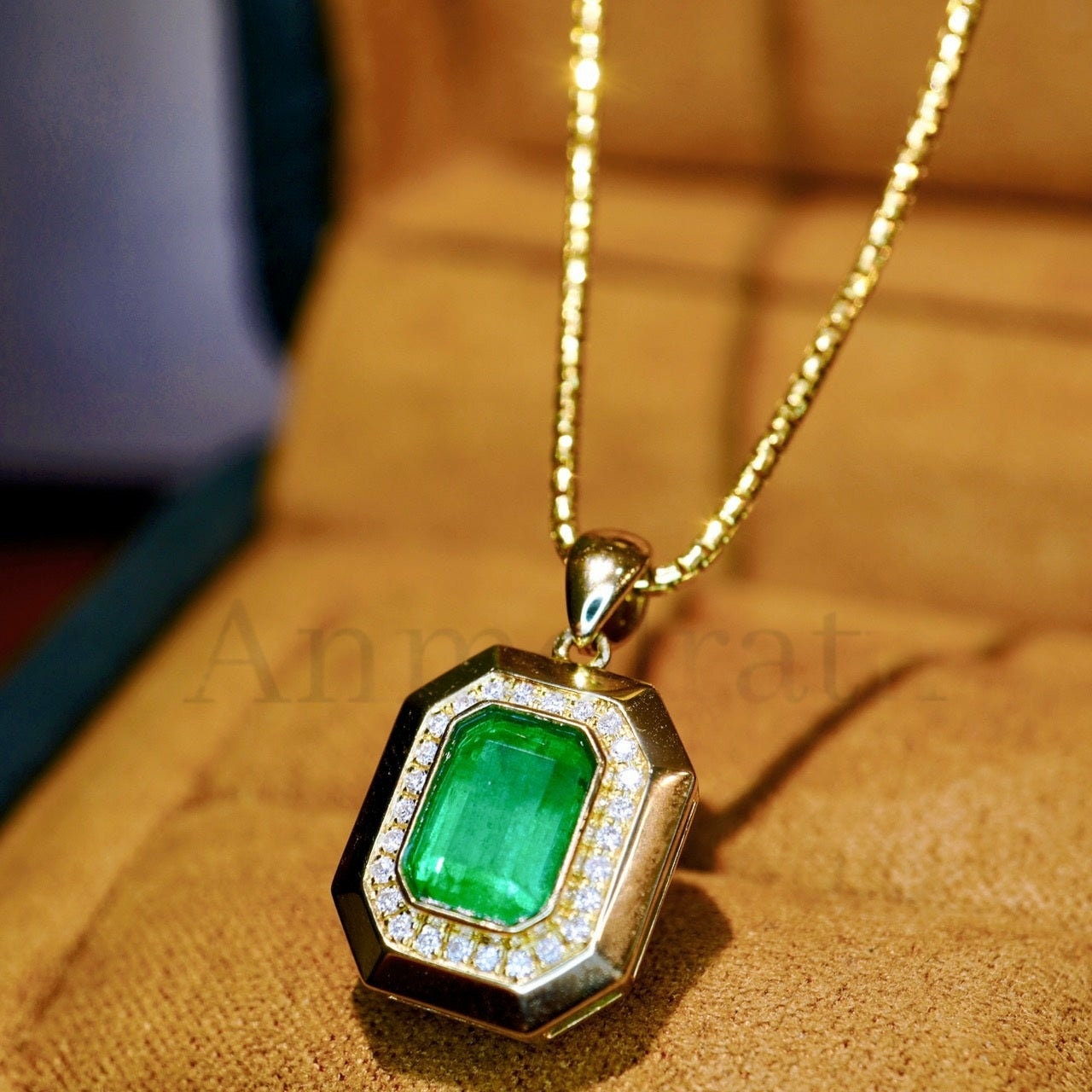 Natural Emerald Solitaire Pendant with Diamond For Women, Vivid Green Emerald Cut Bezel Set Gold Pendant, Dainty Emerald Birthstone Pendant