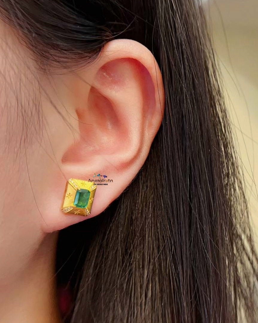 14k Natural Emerald Stud Earrings For Women, Rich Green Emerald Octagon Gold Earrings, Dainty Emerald Diamond Earrings Gift For Her Wedding