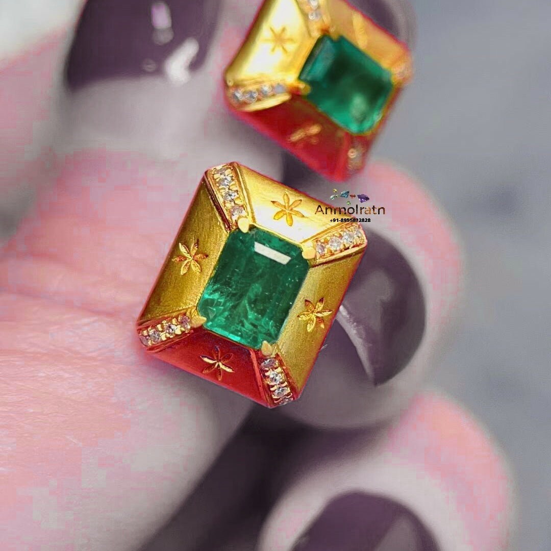 14k Natural Emerald Stud Earrings For Women, Rich Green Emerald Octagon Gold Earrings, Dainty Emerald Diamond Earrings Gift For Her Wedding