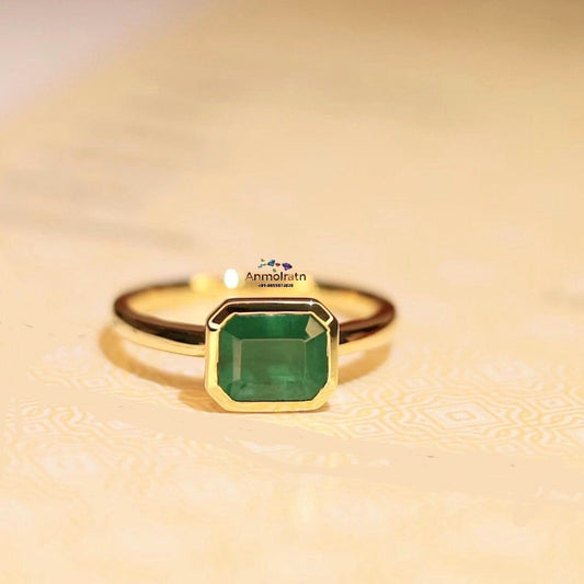 Green Emerald Solitaire Stacking Gold Ring For Women, Bezel Set Emerald Octagon Ring For Men, Authentic Emerald Tiny Pinky Ring Gift For Her