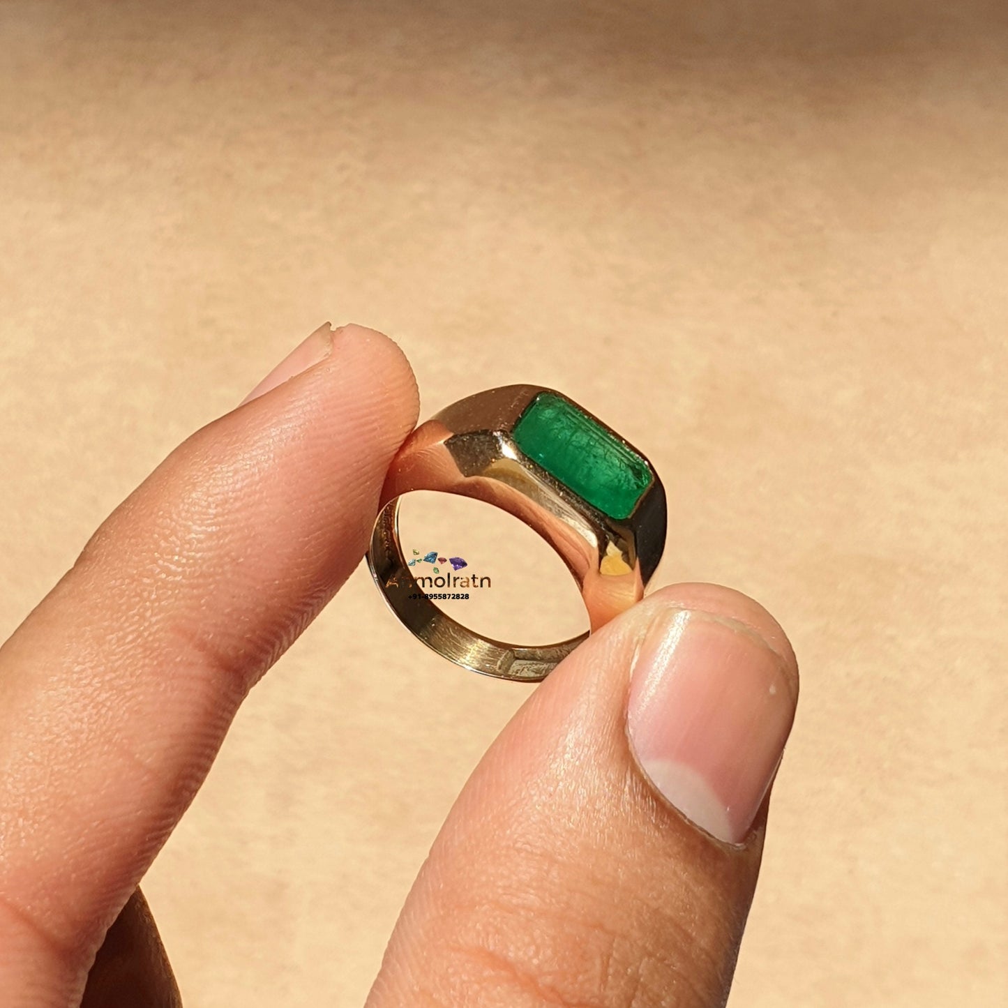 Natural Emerald Gypsy Ring, Emerald Solitaire Ring For Men, Bezel Set Emerald Octagon Ring For Women, 3Ct Green Emerald Stacking Gold Ring