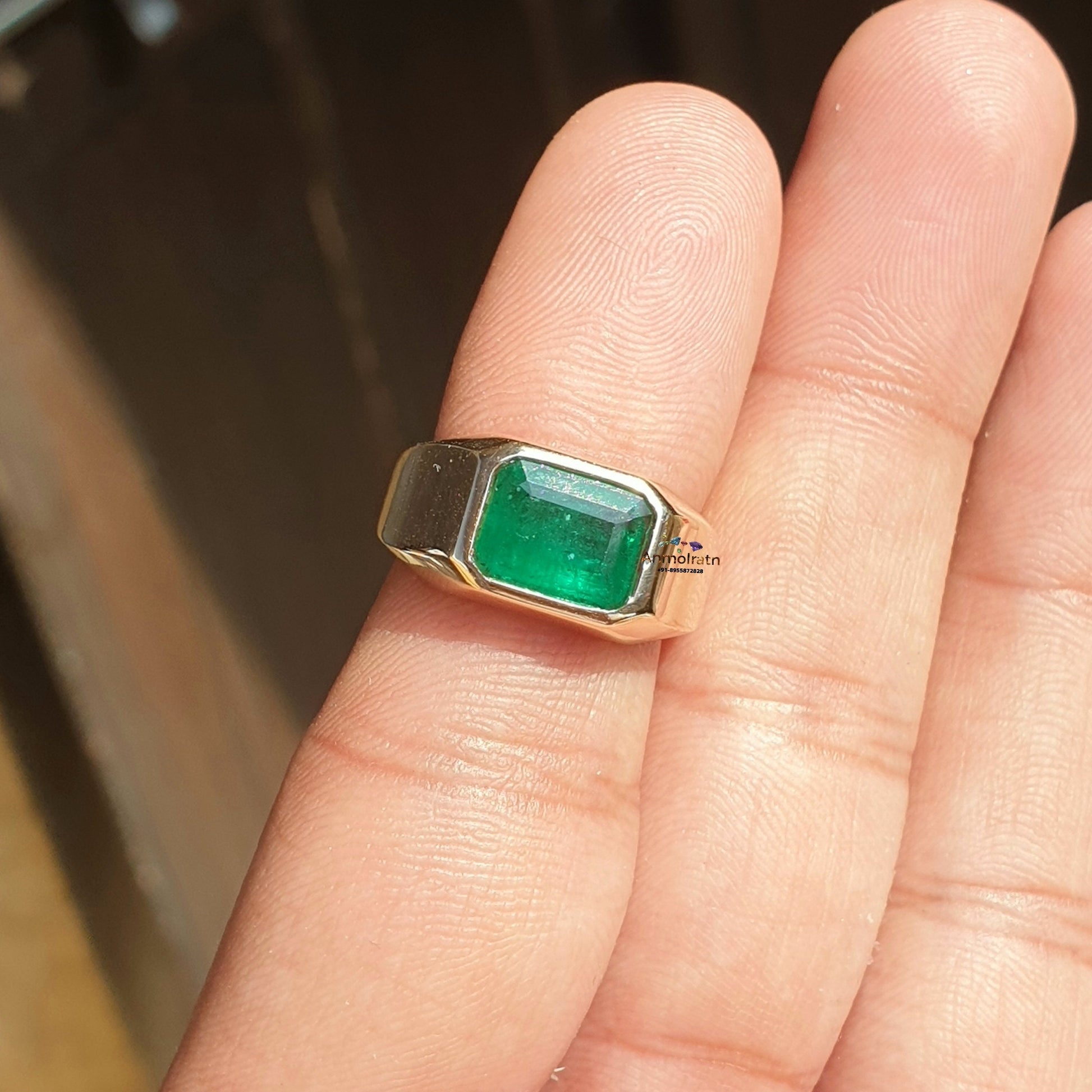 Natural Emerald Gypsy Ring, Emerald Solitaire Ring For Men, Bezel Set Emerald Octagon Ring For Women, 3Ct Green Emerald Stacking Gold Ring