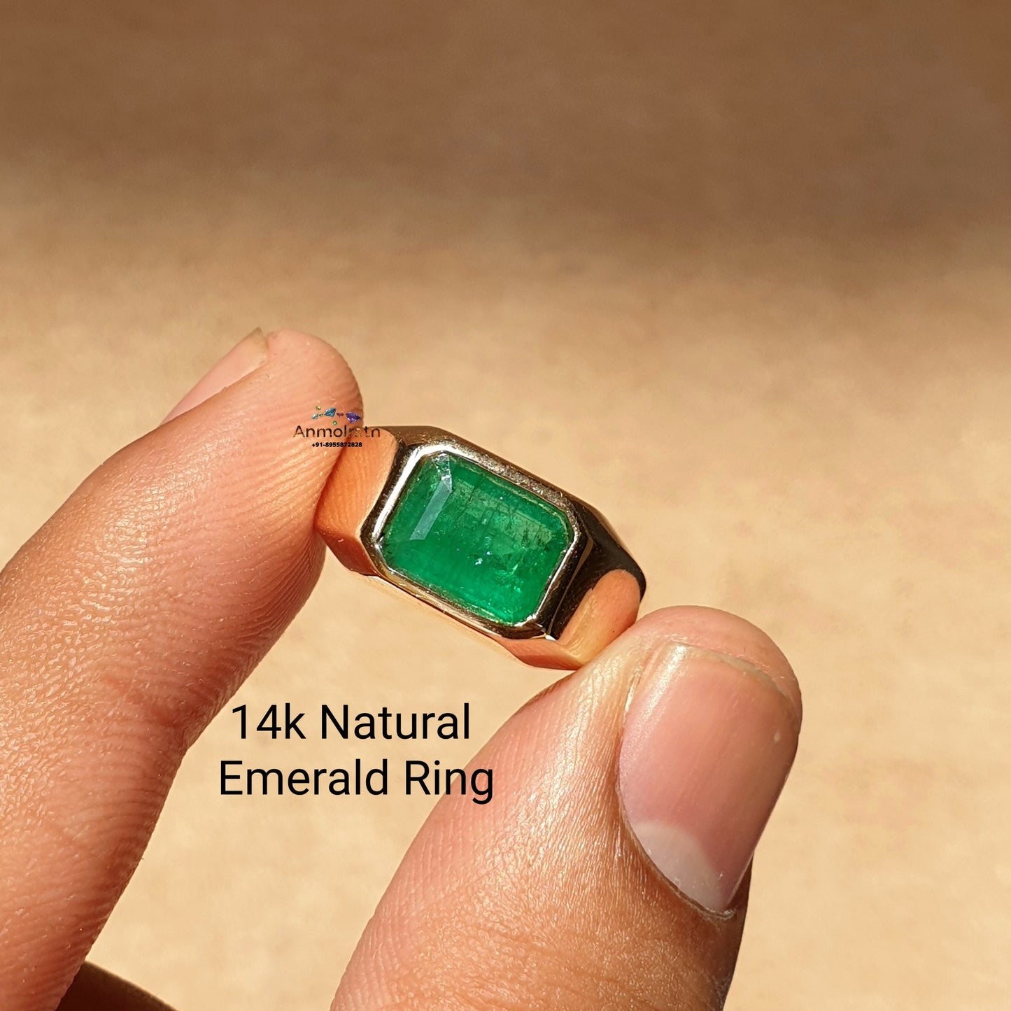 Natural Emerald Gypsy Ring, Emerald Solitaire Ring For Men, Bezel Set Emerald Octagon Ring For Women, 3Ct Green Emerald Stacking Gold Ring
