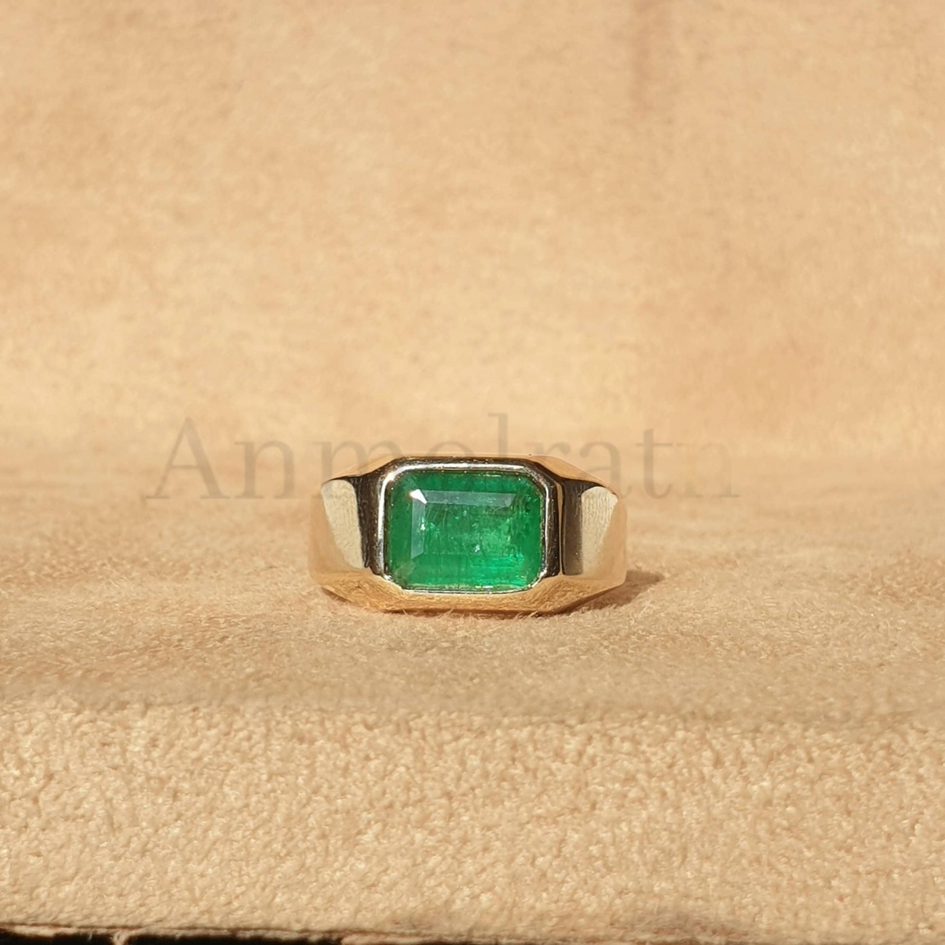 Natural Emerald Gypsy Ring, Emerald Solitaire Ring For Men, Bezel Set Emerald Octagon Ring For Women, 3Ct Green Emerald Stacking Gold Ring