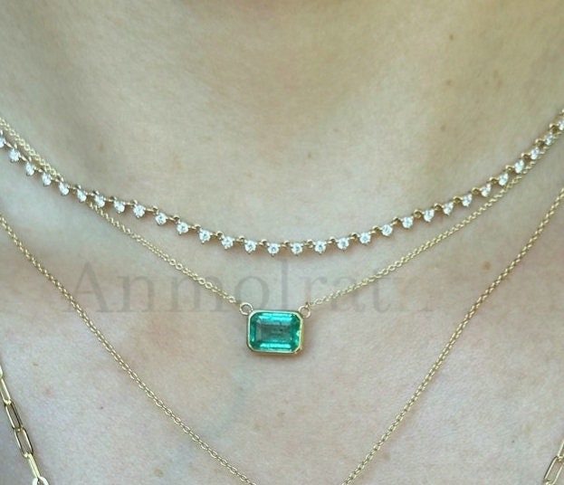 Genuine Emerald Pendant For Women, Daily Wear Emerald Gold Pendant Gift For Mom, Tiny Emerald Octagon Pendant For Men, Bezel Emerald Pendant