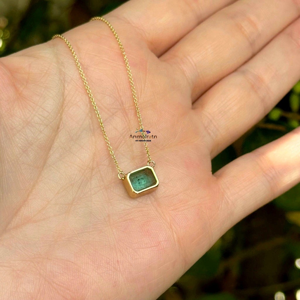 Genuine Emerald Pendant For Women, Daily Wear Emerald Gold Pendant Gift For Mom, Tiny Emerald Octagon Pendant For Men, Bezel Emerald Pendant
