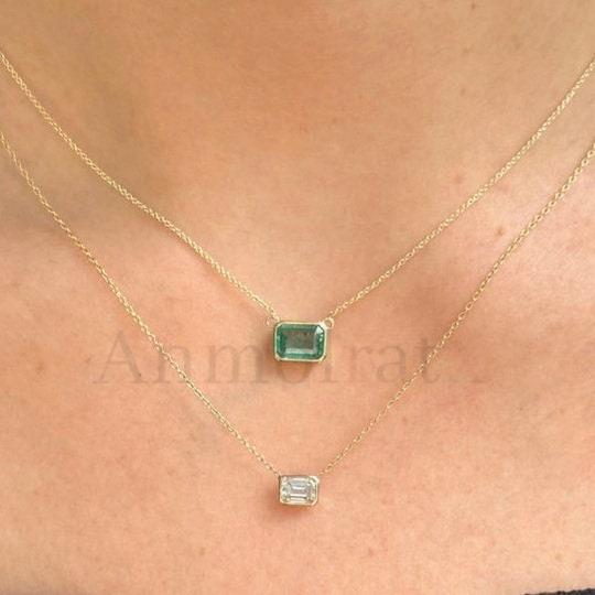 Genuine Emerald Pendant For Women, Daily Wear Emerald Gold Pendant Gift For Mom, Tiny Emerald Octagon Pendant For Men, Bezel Emerald Pendant
