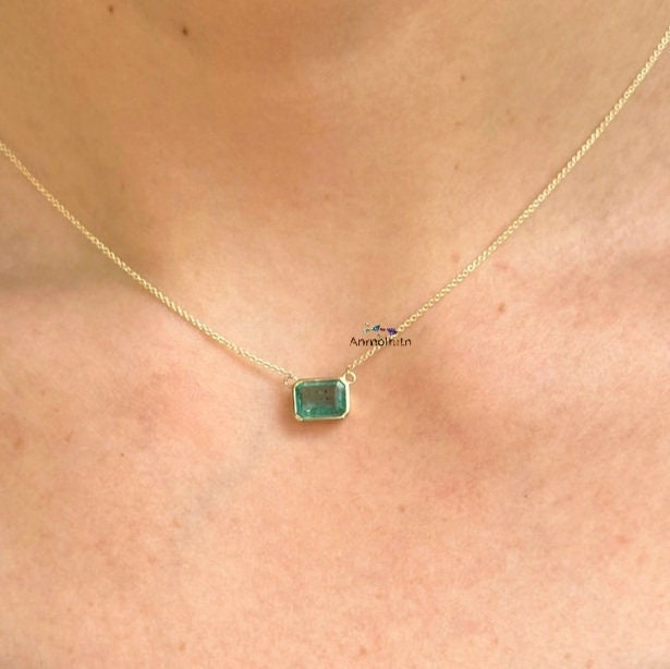 Genuine Emerald Pendant For Women, Daily Wear Emerald Gold Pendant Gift For Mom, Tiny Emerald Octagon Pendant For Men, Bezel Emerald Pendant