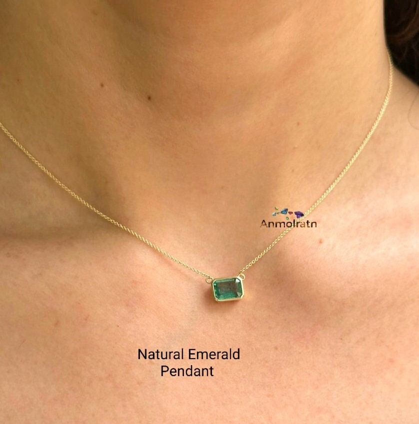 Genuine Emerald Pendant For Women, Daily Wear Emerald Gold Pendant Gift For Mom, Tiny Emerald Octagon Pendant For Men, Bezel Emerald Pendant