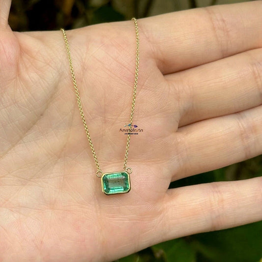 Genuine Emerald Pendant For Women, Daily Wear Emerald Gold Pendant Gift For Mom, Tiny Emerald Octagon Pendant For Men, Bezel Emerald Pendant