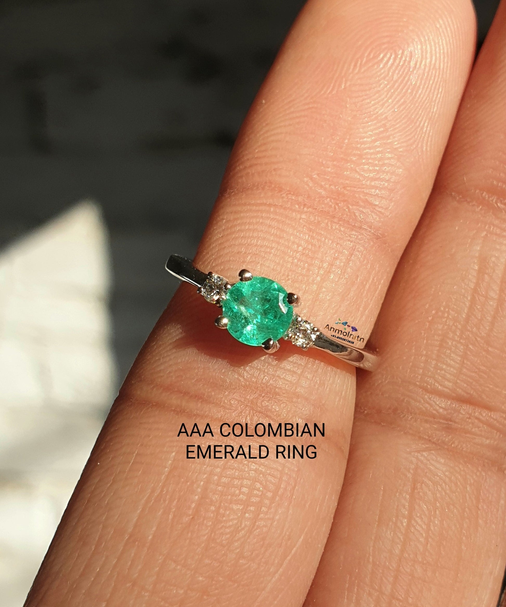 Certified Colombian Emerald Ring With Diamond For Women, AAA Emerald Solitaire Wedding Engagement Ring For Gift, 14k Emerald Stacking Ring
