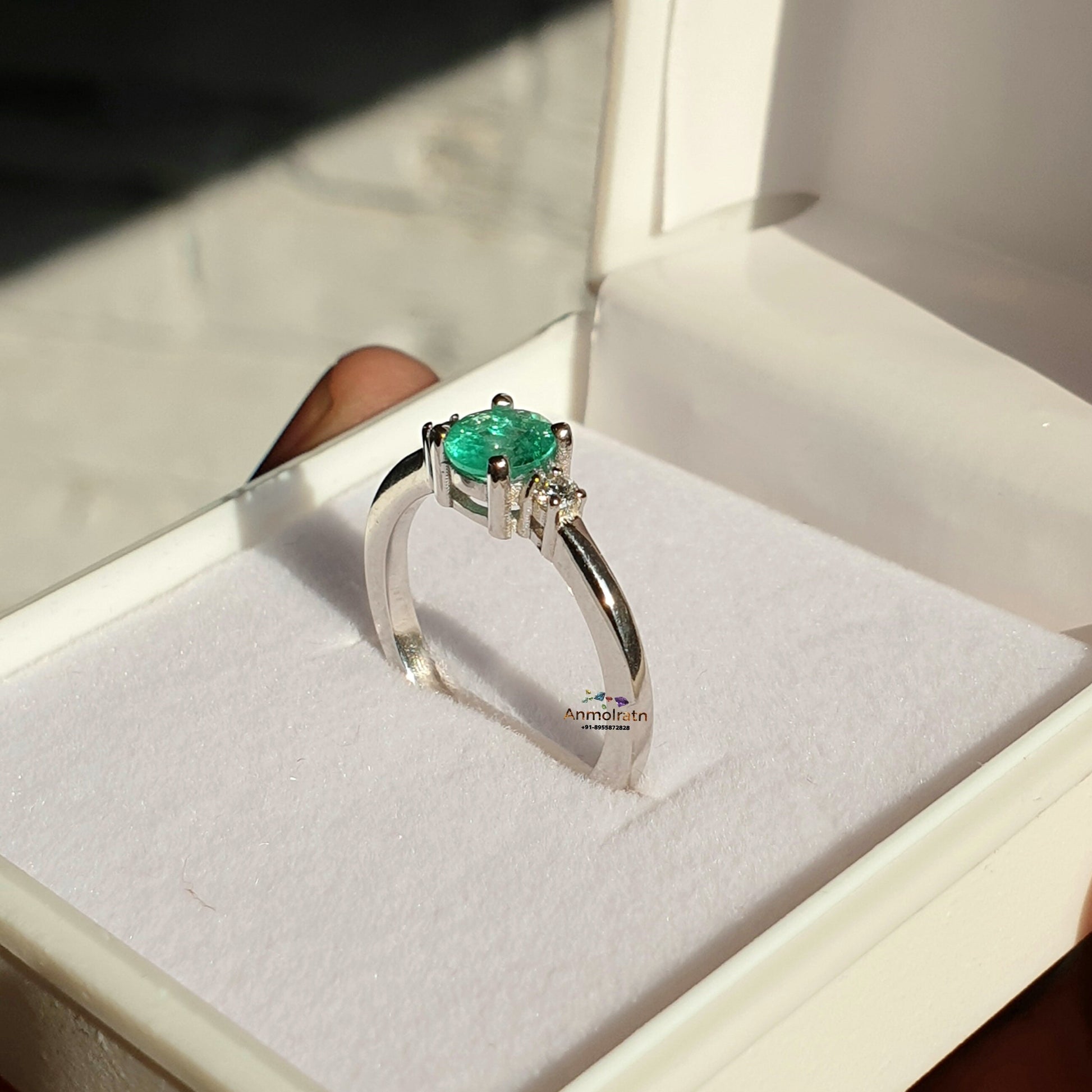 Certified Colombian Emerald Ring With Diamond For Women, AAA Emerald Solitaire Wedding Engagement Ring For Gift, 14k Emerald Stacking Ring