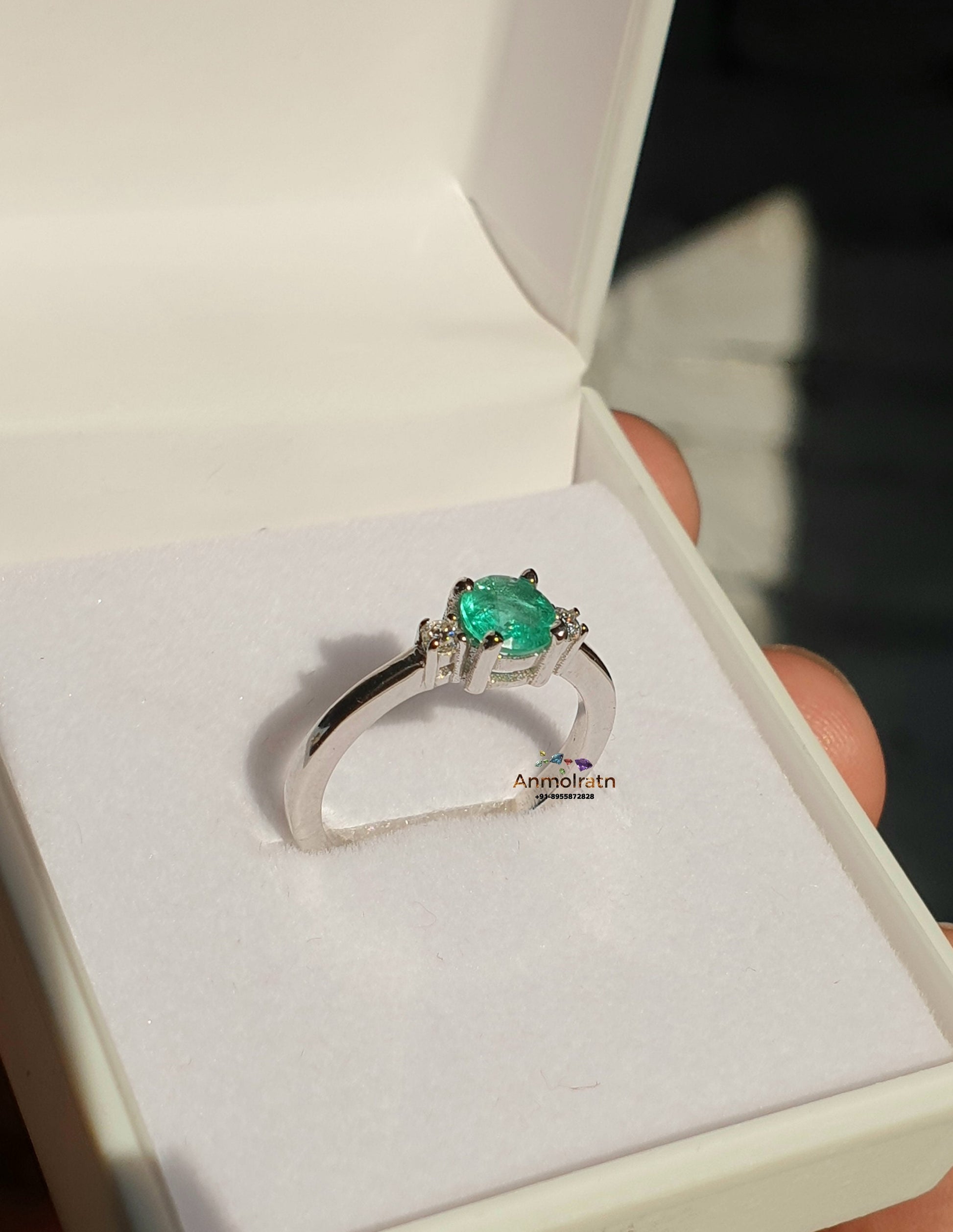 Certified Colombian Emerald Ring With Diamond For Women, AAA Emerald Solitaire Wedding Engagement Ring For Gift, 14k Emerald Stacking Ring