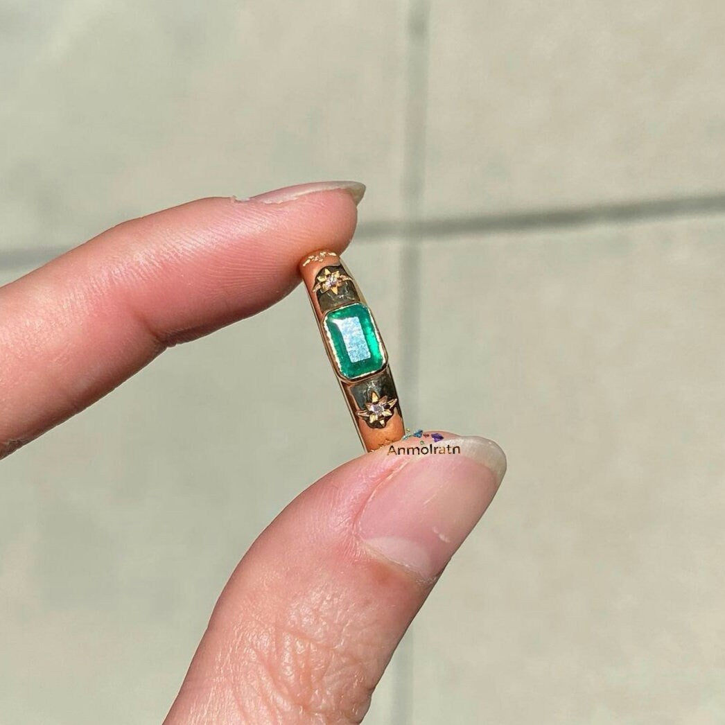 Vintage Natural Emerald Ring 14k Gold Emerald Cut Emerald Bezel Set Solitaire Ring With Diamond, Genuine Emerald Stacking Ring Gift For Her