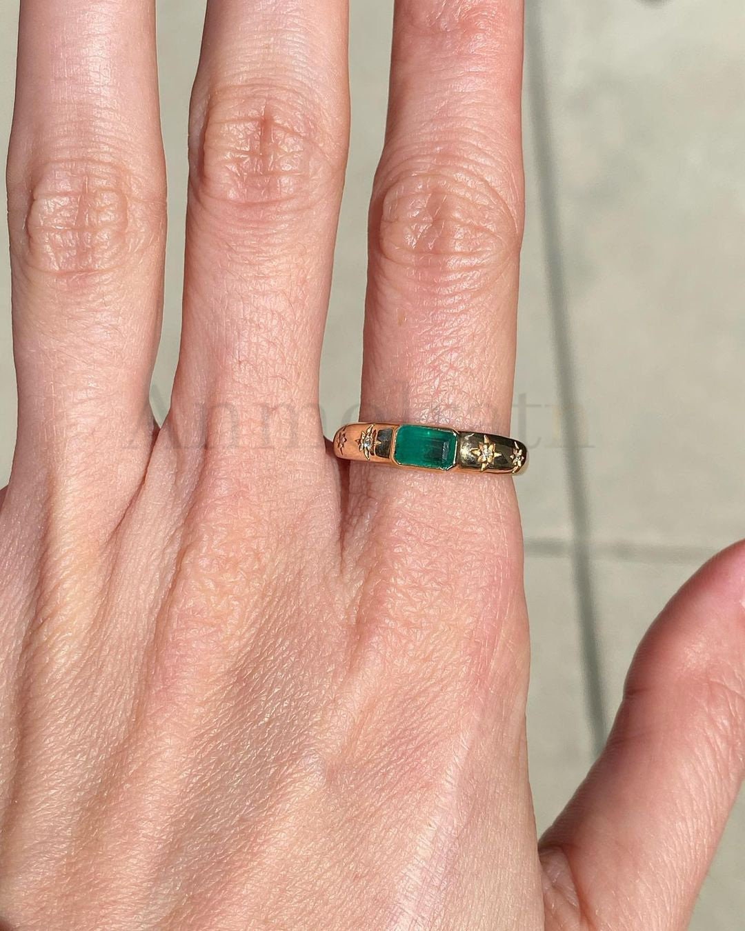 Vintage Natural Emerald Ring 14k Gold Emerald Cut Emerald Bezel Set Solitaire Ring With Diamond, Genuine Emerald Stacking Ring Gift For Her