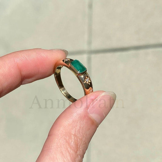 Vintage Natural Emerald Ring 14k Gold Emerald Cut Emerald Bezel Set Solitaire Ring With Diamond, Genuine Emerald Stacking Ring Gift For Her