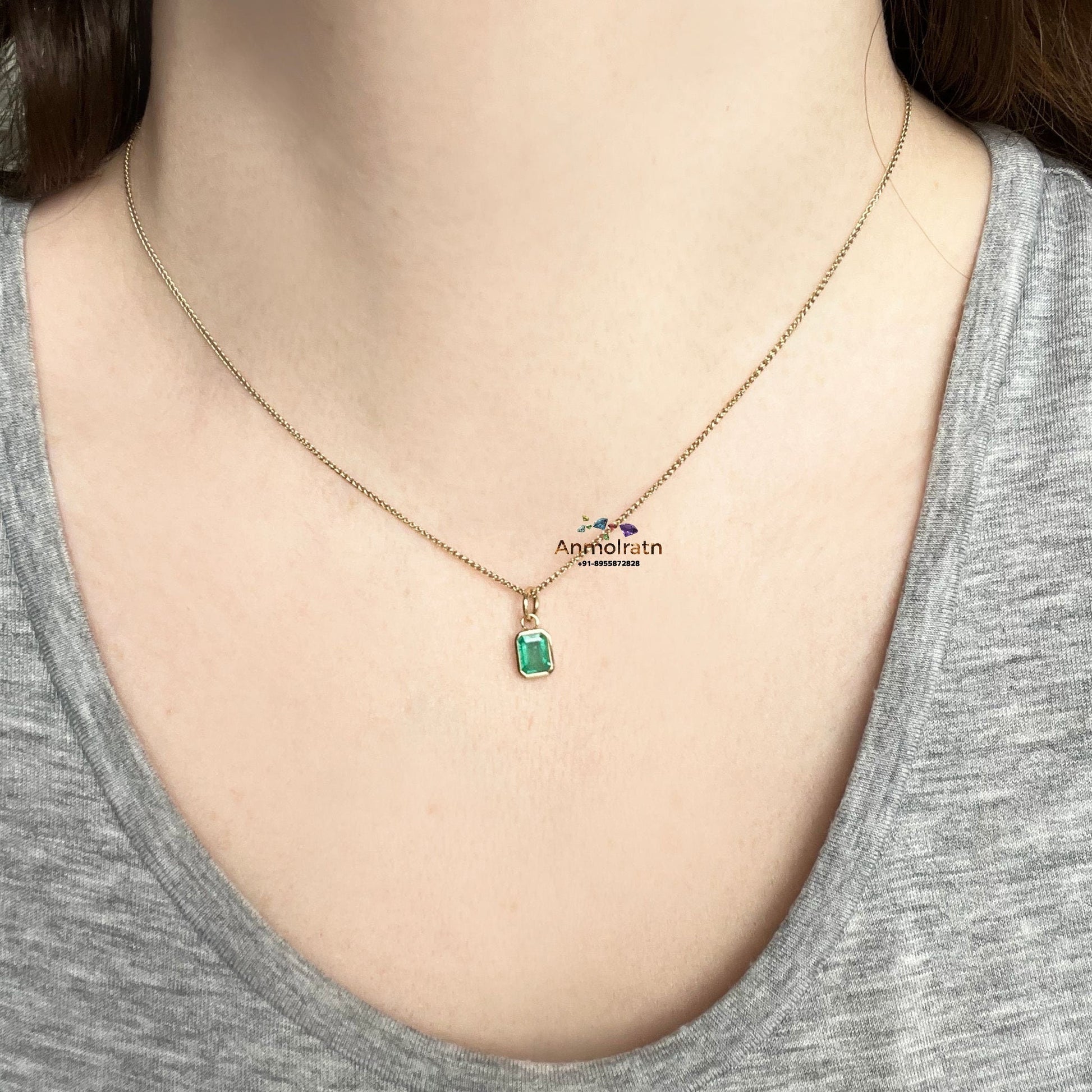 AAA Emerald Solitaire Bezel Set Pendant For Men and Women, Genuine Emerald Cut Octagon Gold Pendant Pendant For Gift, May Birthstone Pendant