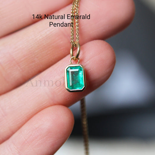 AAA Emerald Solitaire Bezel Set Pendant For Men and Women, Genuine Emerald Cut Octagon Gold Pendant Pendant For Gift, May Birthstone Pendant