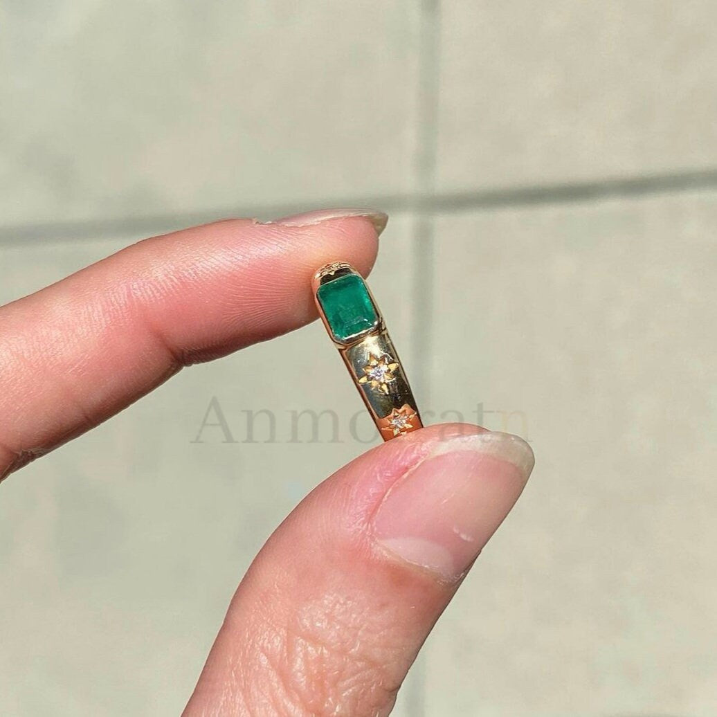 Vintage Natural Emerald Ring 14k Gold Emerald Cut Emerald Bezel Set Solitaire Ring With Diamond, Genuine Emerald Stacking Ring Gift For Her