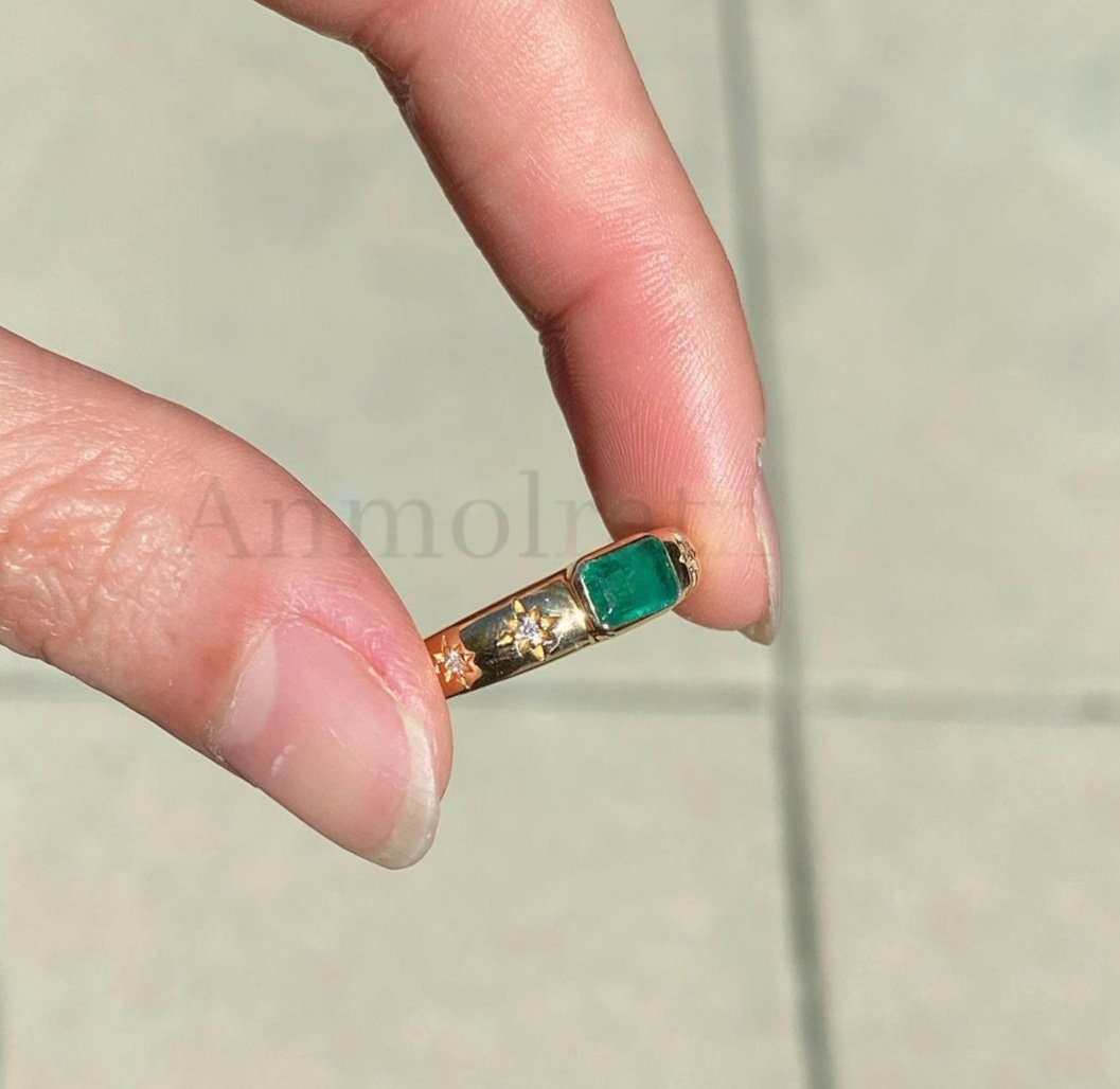 Vintage Natural Emerald Ring 14k Gold Emerald Cut Emerald Bezel Set Solitaire Ring With Diamond, Genuine Emerald Stacking Ring Gift For Her