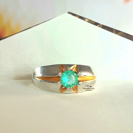 Colombian Emerald Solitaire Ring For Men & Women, Round Emerald Wedding And Engagement Ring Vintage Green Emerald Gypsy Dainty Ring For Gift