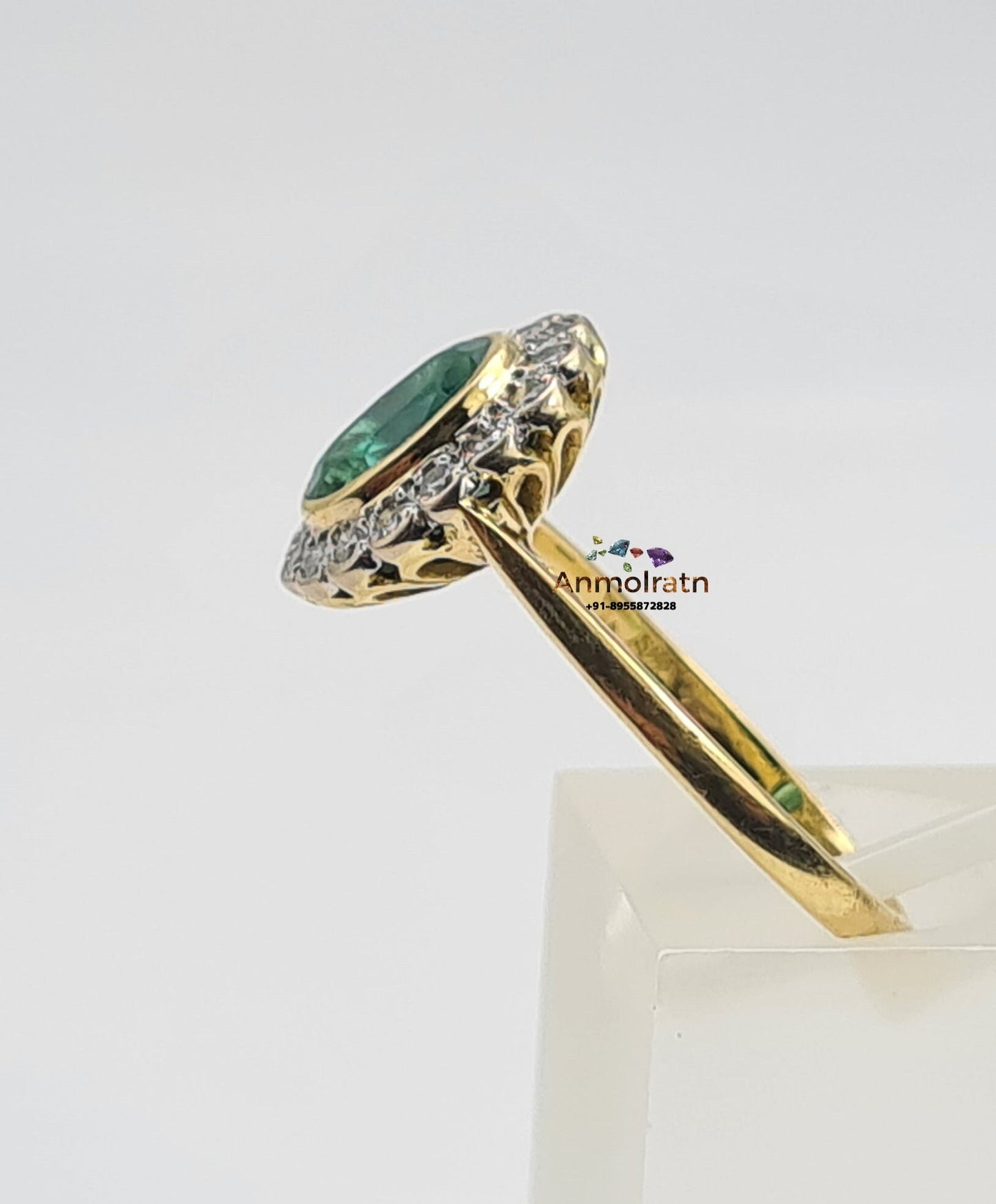 Vintage Emerald Ring With Diamond in 14k Gold, Certified Deep Green Emerald Bezel Set Stacking Ring For Women, AAA Oval Emerald Wedding Ring