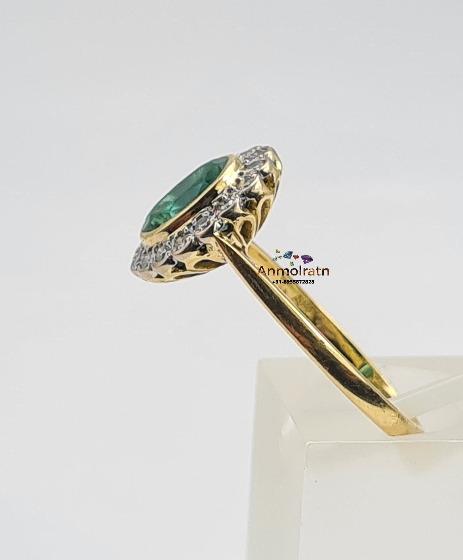 Vintage Emerald Ring With Diamond in 14k Gold, Certified Deep Green Emerald Bezel Set Stacking Ring For Women, AAA Oval Emerald Wedding Ring