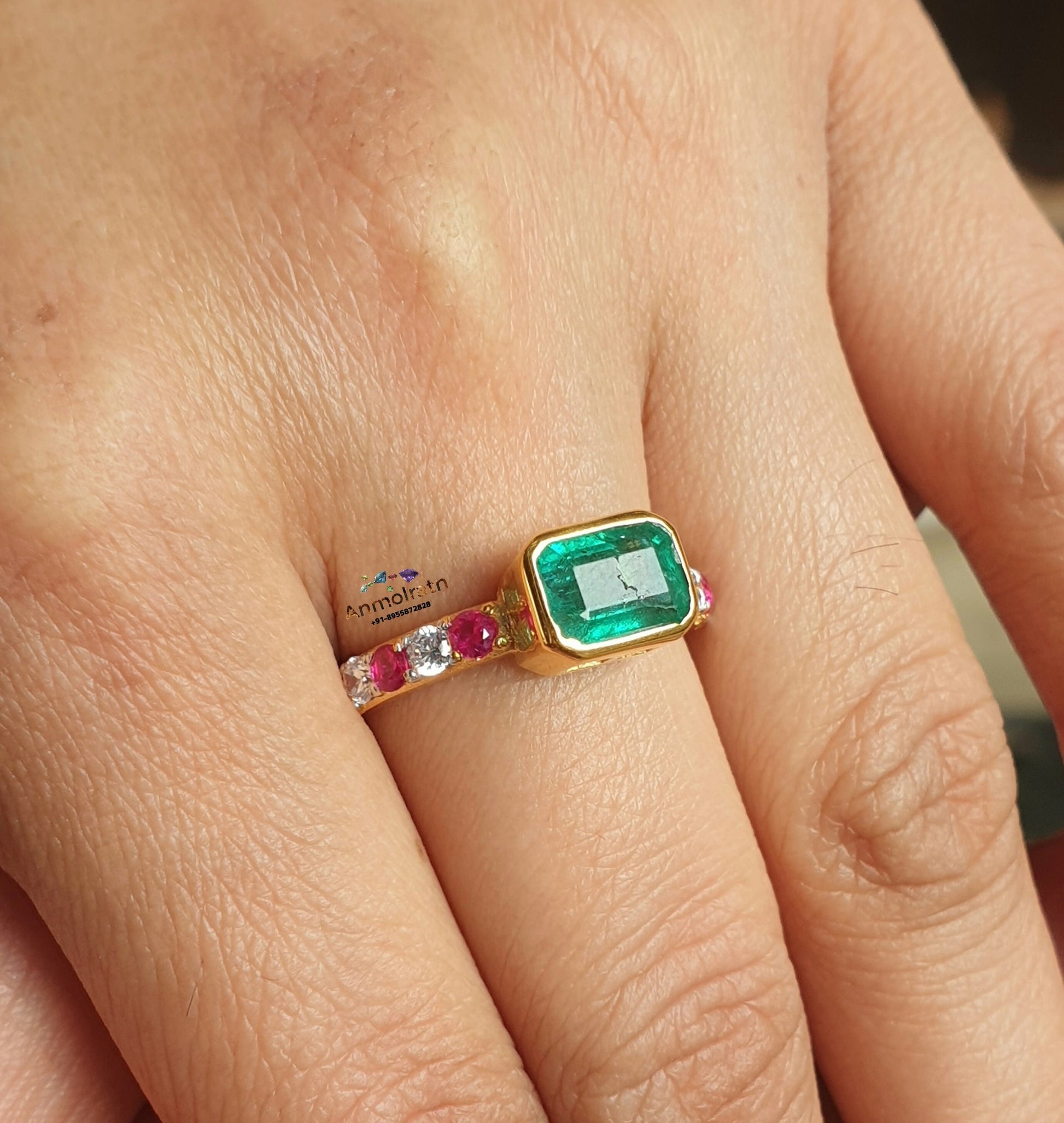 Emerald Cut Stacking Ring For Women, East West Bezel Set Green Emerald Solitaire Dainty Ring, Simple Emerald Octagon Silver Ring For Her