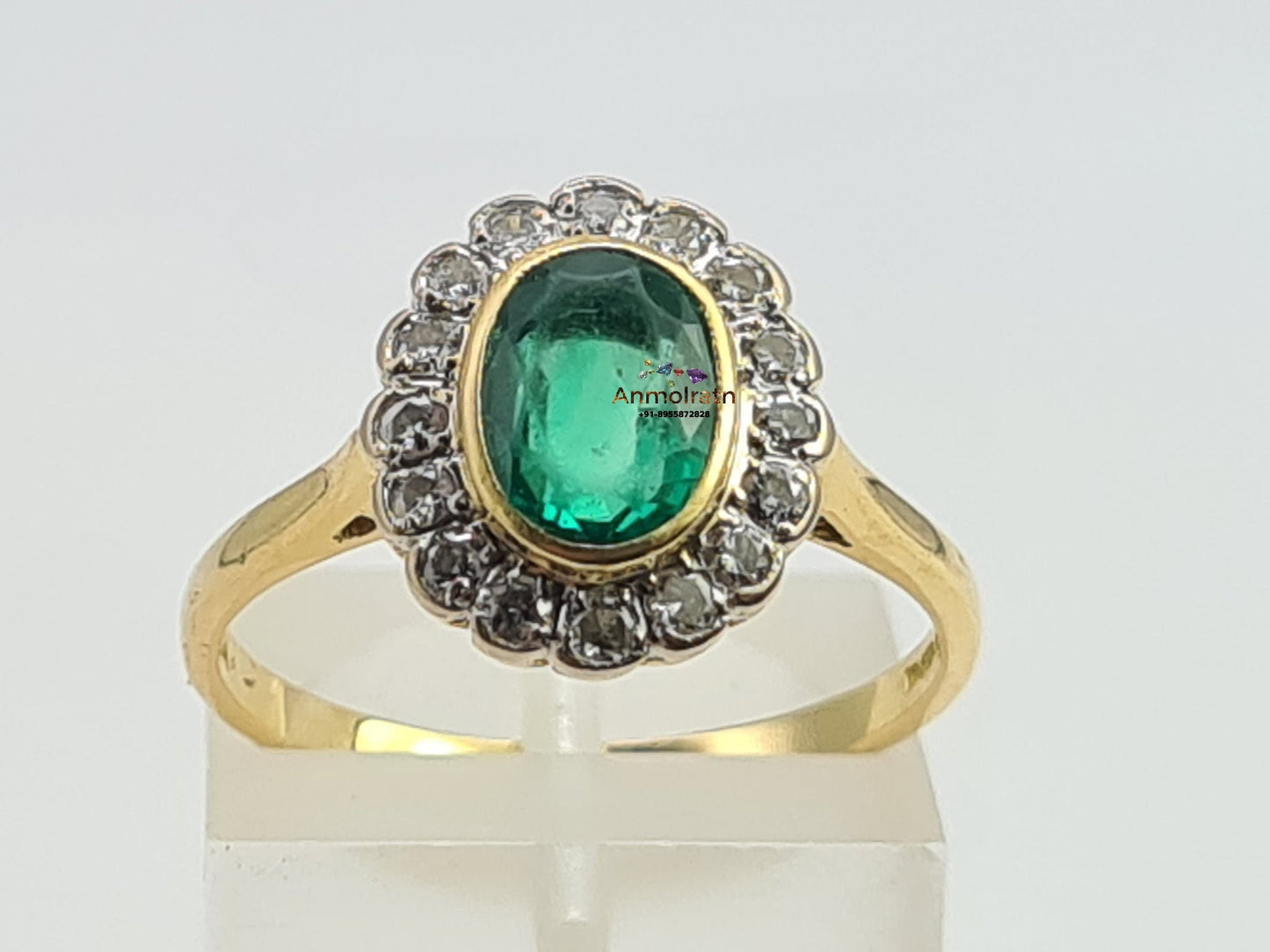 Vintage Emerald Ring With Diamond in 14k Gold, Certified Deep Green Emerald Bezel Set Stacking Ring For Women, AAA Oval Emerald Wedding Ring