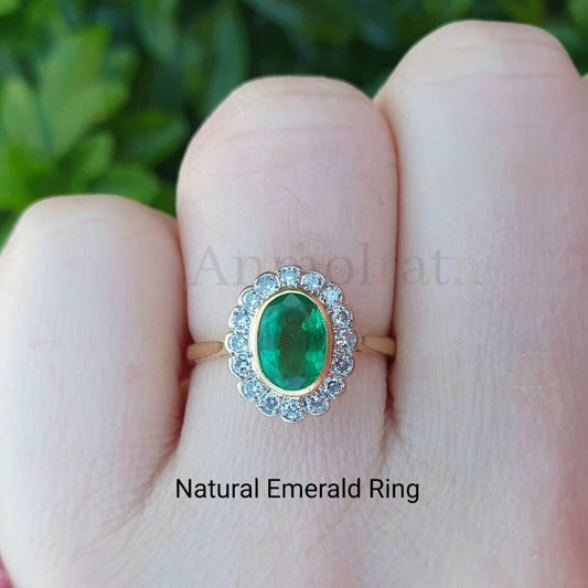 Vintage Emerald Ring With Diamond in 14k Gold, Certified Deep Green Emerald Bezel Set Stacking Ring For Women, AAA Oval Emerald Wedding Ring